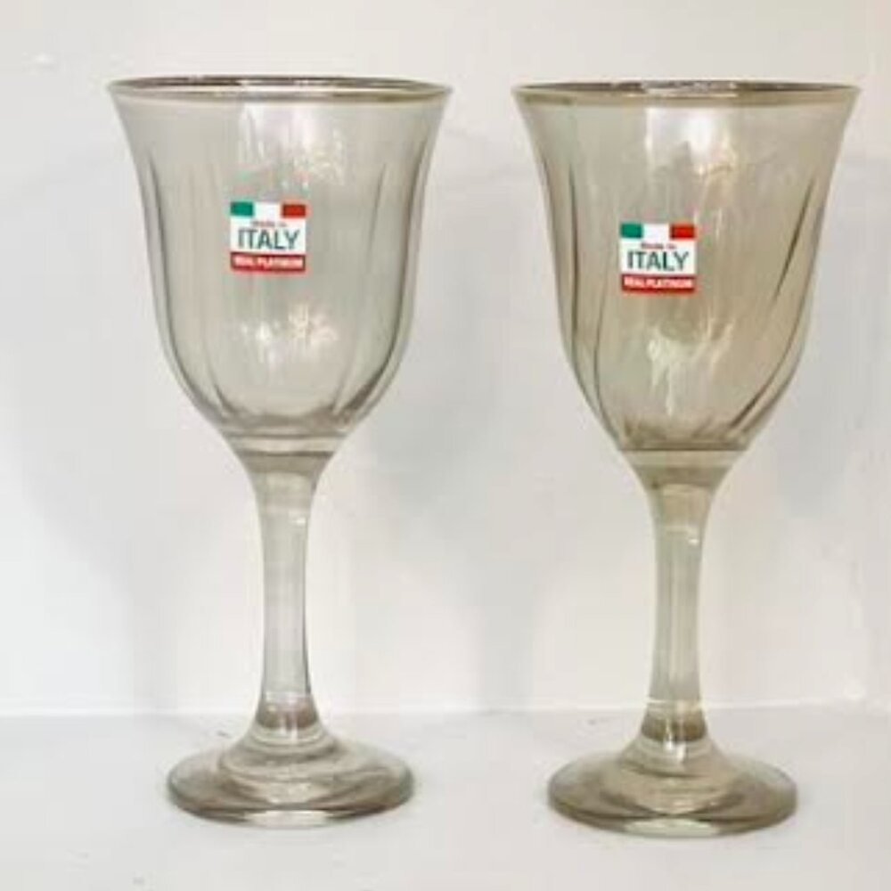 Set of 2, Vintage Smoky Quartz Swirl Wine Goblets with Platinum Rims 7.5” Made i
